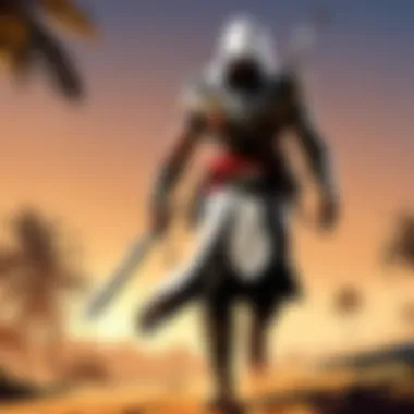 A close-up of the character Bayek engaged in stealth gameplay.