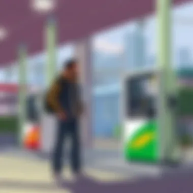 Character refueling a vehicle at a gas station