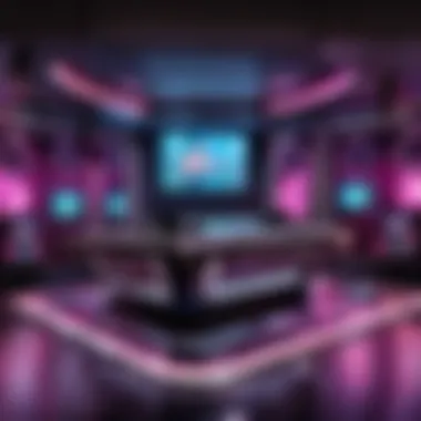 A DJ booth with vibrant lights and an energetic crowd