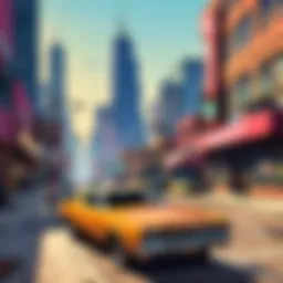 A breathtaking open-world cityscape at dusk, showcasing vibrant lights and intricate architecture.