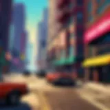 A vibrant cityscape from Grand Theft Auto showcasing detailed graphics and dynamic environments.