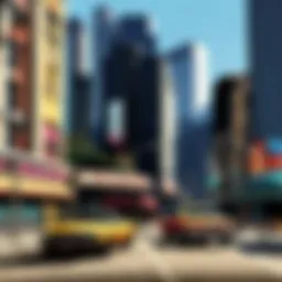 A vibrant cityscape showcasing the open-world environment of Grand Theft Auto.