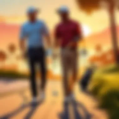 Golden Hour Stroll Sunset view of friends walking on the fairway