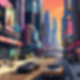 Virtual cityscape with futuristic cars racing