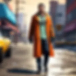 A character wearing a stylish bulletproof duster in an urban setting.