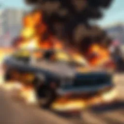 A car engulfed in flames, symbolizing chaos in GTA