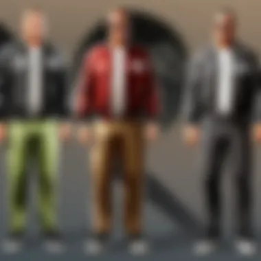 A collection of iconic outfits from various GTA titles showcasing the evolution of vice clothing.