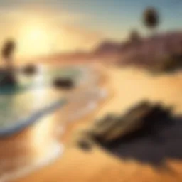 A picturesque view of Sandy Shores showcasing its sandy landscapes and distant mountains.