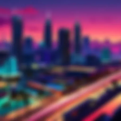 A vibrant cityscape of Vice City showcasing neon lights and a lively atmosphere