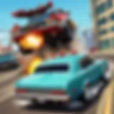 Vibrant and colorful cartoon illustration of a comical car chase in GTA