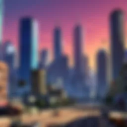 A stunning skyline view of a fictional city inspired by Grand Theft Auto VI