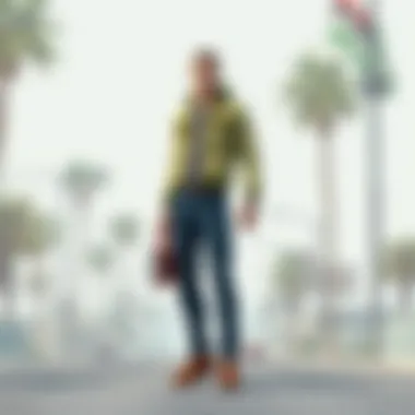 An iconic scene from the GTA series showcasing player outfits.