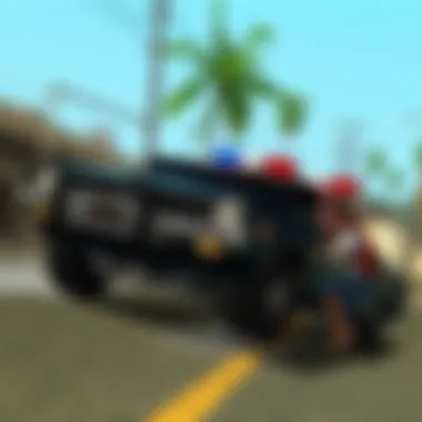 Iconic Vehicles in Pursuit An artistic representation of the game's iconic vehicles in a dynamic chase