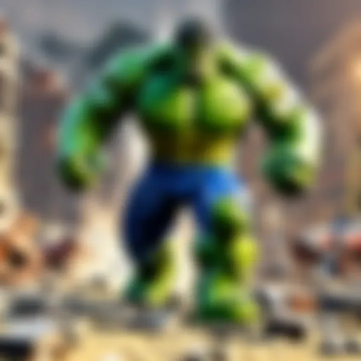 LEGO Hulk smashing through a LEGO cityscape