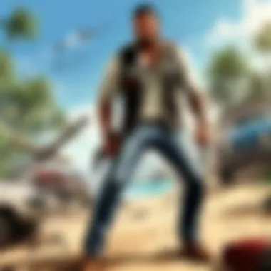 Explosive Combat Encounters Intense gunfight scene amidst fiery explosions in Far Cry 3