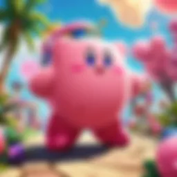 Kirby floating in dreamy landscape