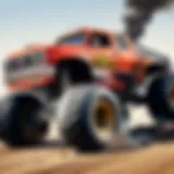 A monster truck crushing a car in a virtual gaming environment