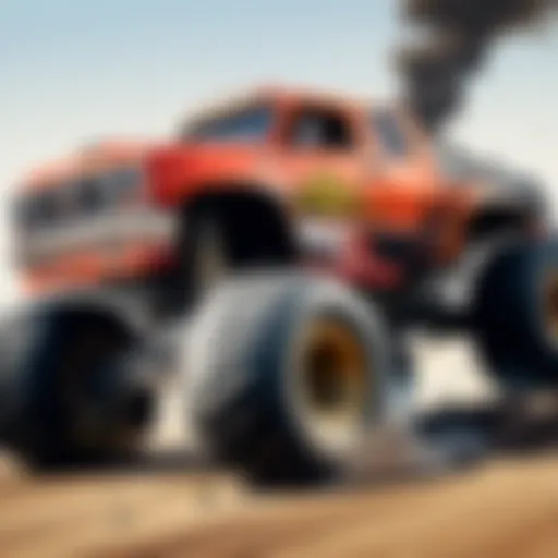 A monster truck crushing a car in a virtual gaming environment