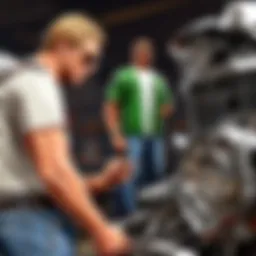 Father and son inspecting engine together