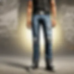 A close-up of biker jeans showcasing unique design elements