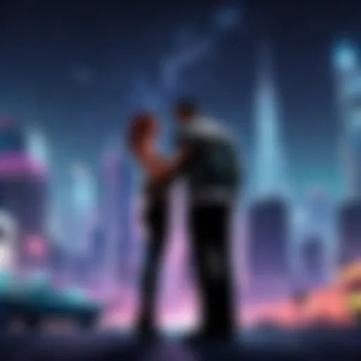 Digital artwork of a futuristic cityscape with two characters embracing under a starlit sky