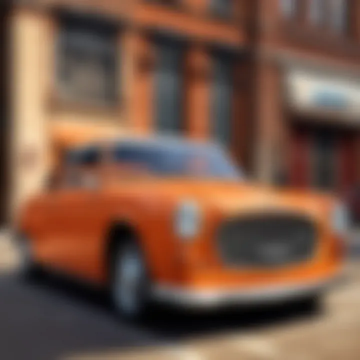 An artistic representation of the Hermes car driving through a modern cityscape.