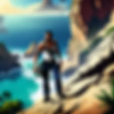 Perilous Cliffside Exploration Character navigating treacherous cliffs overlooking crystal clear waters