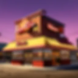 A vibrant depiction of the Lucky Clucker restaurant exterior, showcasing its neon signage and unique architecture.