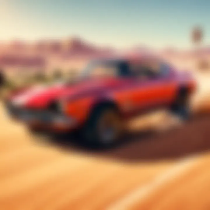 Virtual reality racing game displaying a vintage car drifting on a dirt track in a desert setting