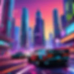 Virtual reality racing game showcasing futuristic cars speeding through a neon-lit cityscape